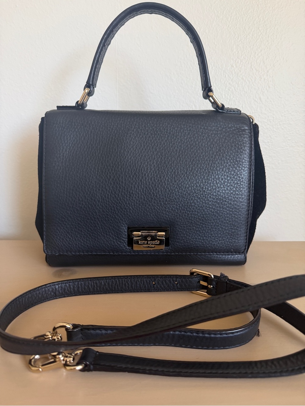 kate spade Black Pebbled & side suede Leather Satchel with Gold Hardware